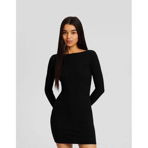  Mini-Robe Maille Manches Longues Col Bateau Bord-Côte Femme L Noir