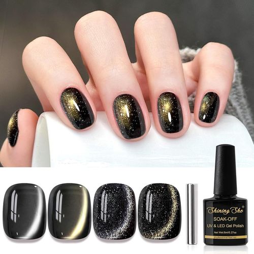 Vernis Semi Permanent Magnétique, 4 Couleurs Noir Holographique Pailleté Cat Eyes Vernis Semi Permanent Avec Bâton Magnétique Soak Off Uv/Led Vernis Cat Eyes Pour Salon Diy Home, 8 Ml 