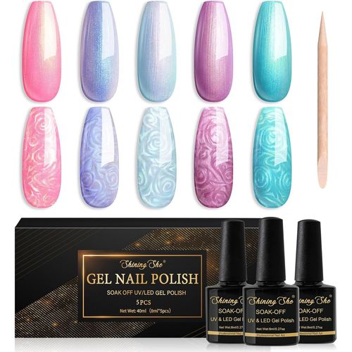 Vernis Semi Permanent Nacré, 5 Couleurs Rose Violet Vert Bleu Scintillant Perle Effet Gel Uv Semi Permanent Soak Off Uv/Led Vernis À Ongles Pour Salon De Manucure Diy Home, 8ml 