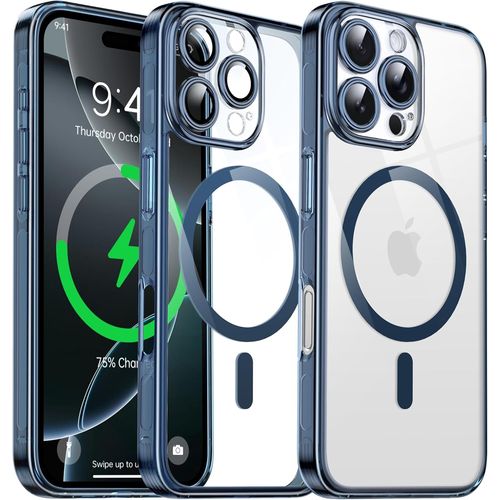 Coque Magnétique Transparente Pour Iphone 16 Pro (6.3'') Avec Objectif Film, [Compatible Avec Magsafe] [Protection Antijaune & Antirayure & Antichoc] Etui Housse Dur Avec Bord, Bleu