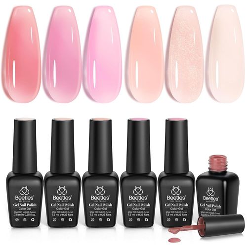 Beetles Vernis Semi Permanent Transparent, 6 Couleurs Transparent Gelée Lot De Vernis À Ongles Gels Nu Esthétique Miroiter Blanc Rose Marron Paillettes, Sèche Sous Lampe Uv/Led 