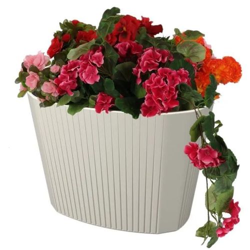 Pot De Fleurs Pot De Fleurs Avec Grand Insert Couleur Crème Ovale 59,5x39 Cm H41 Cm Rainure Surface Mate Plastique Moderne Glamour