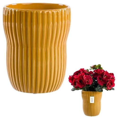 Vache, Pot De Fleurs, Vase En Céramique Cannelée Ø13cm H 16cm Jaune Brillant Stylé