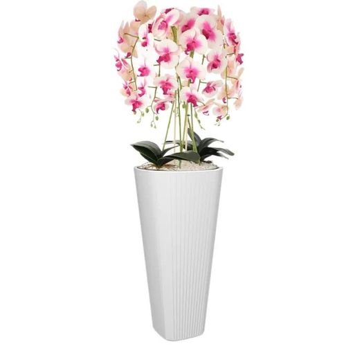 Pot De Fleurs Pot De Fleurs Avec Grand Insert Couleur Blanc Rond Ø39 Cm H 81 Cm Rainure Surface Mat Plastique Moderne Glamour