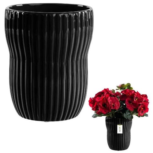 Vache, Pot De Fleurs, Vase En Céramique Cannelée Ø13cm H 16cm Noir Brillant Élégant