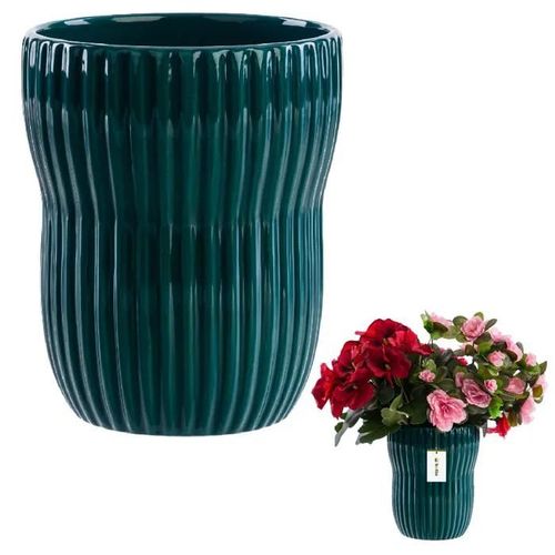 Vache, Pot De Fleurs, Vase En Céramique Cannelée Ø13 Cm H 16cm Vert Bouteille Brillant Stylé