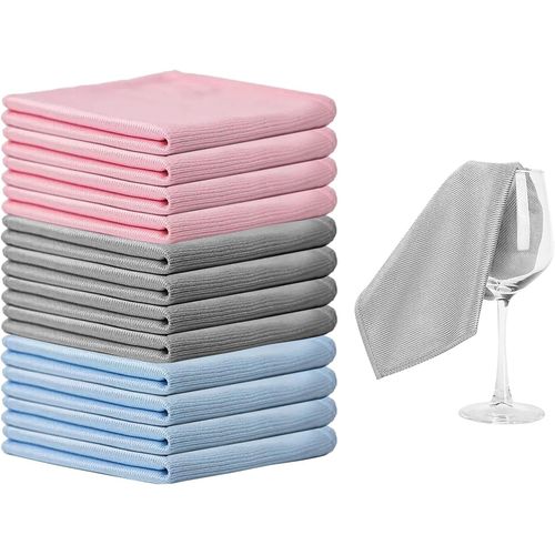 KGABERY-Lot De 12 Chiffons De Nettoyage En Microfibre Non Pelucheux Et Ultra Fins Pour Fenêtres Et Vitres (Gris,Rose Et Bleu) 25x25 Cm