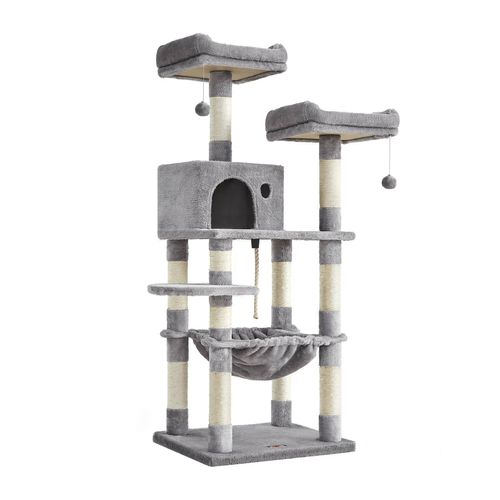 Arbre À Chat Hauteur 143 Cm, Tour De Jeux Pour Chat, Avec 11 Poteaux À Griffer, 2 Plateformes, 1 Niche, 1 Hamac, 2 Pompons, En Tissu Peluche, Plusieurs Niveaux, Gris Clair