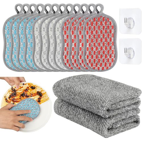 KGABERY-12 Pièces Eponge Reutilisable Lavable,Eponge Lavable Avec 2 Chiffons De Nettoyage Et 2 Crochets,Eponge Lavable Reutilisable Vaisselle Pour Le Nettoyage Des Saletés Tenaces