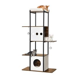 Arbre À Chat, 153 Cm, Avec Griffoirs, Coussins Amovibles Et Lavables, Grandes Plateformes, Marron Rustique
