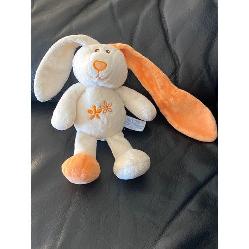 GIPSY  DOUDOU LAPIN ECRU FLEUR ORANGE HOCHET 23CM