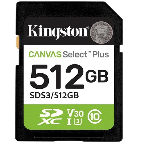 Kingston Cartes mémoire SD Canvas Select Plus 512Go SDXC Gen3 150MB/s C10 UHS-I U3 V30-SDS3/512GB
