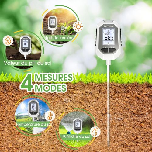 Testeur humidité Plante，4 en 1 numérique testeur ph Sol，Humidité/PH/Température/Ensoleillement，Écran LCD rétroéclairé，concerner Jardins, fermes, Plantes d'intérieur et d'extérieur.