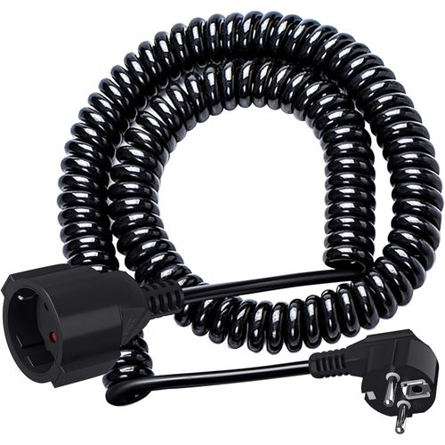 Câble de Rallonge Schuko, Câble Spiralé à Contact de Protection Extensible de 1,25 m à 8 m Max, Câble de d'alimentation IP20(230V/16 A), Câble Spiralé 3 x 1,0 mm² avec Fiche & Pise Schuko,Noir