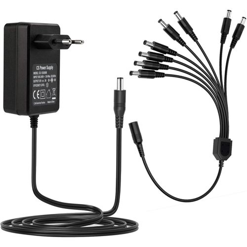Adaptateur Secteur DC 12V 3A 2,1 mm x 5,5 mm, Adaptateur Diviseur pour Caméra de Surveillance, Enregistreur NVR DVR, Moniteur, Connecteur CC 12V + Câble de répartition en Y 1 à 8 Voies