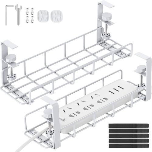 Plateau de Gestion des Câbles Sous le Bureau Chemin de Câbles en Fil Métallique pour La Gestion des Câbles et des Multiprises,Blanc,2 Paquets