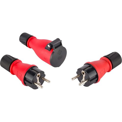 Lot de 1 fiche + 1 prise professionnelle Schuko Protection IP54 avec bague de blocage de câble & Fiche mâle étanche bimatière en Caoutchouc et Polycarbonate,Protection IP54,Rouge