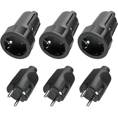 Lot de 3 fiches Schuko : fiche 230 V IP44-Prise de contact de protection avec protection anti-torsion-2 pôles 16 A et 3,7 kW-Coupleur en caoutchouc pour l'extérieur-Noir-230 V