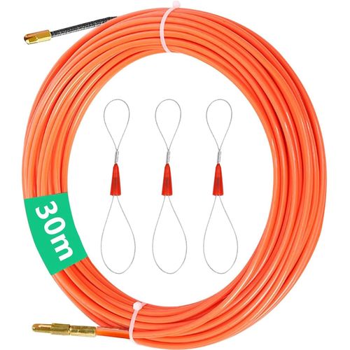 30M Aiguille Electricien,Tire Fils Electrique Aiguille Nylon,¿4mm Tire Fil Electrique avec 3 Tête Flexible de Guidage Aiguille Tire Fil Enfileur pour Fils électrique Tire Cable (Orange)