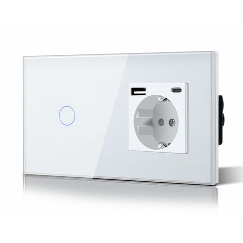 Schuko Interrupteur d'éclairage,prise,encastré,1 compartiments,2 voies,prise 3-en-1,puissance de charge USB 2,1 A,adaptateur de type C,station de charge,rallonge en verre,157 mm,blanc