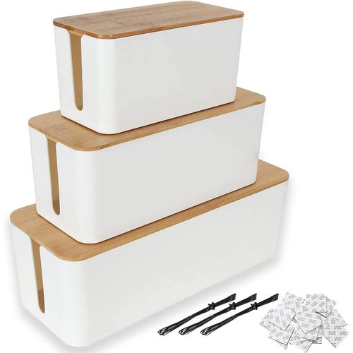Lot 3 Boîte Cache Câble Blanc,Grand Boîte de Rangement Câbles Electriques avec Bois Couvercle,Boite Cache Multiprise pour Protection de Câble et Prise Electriques