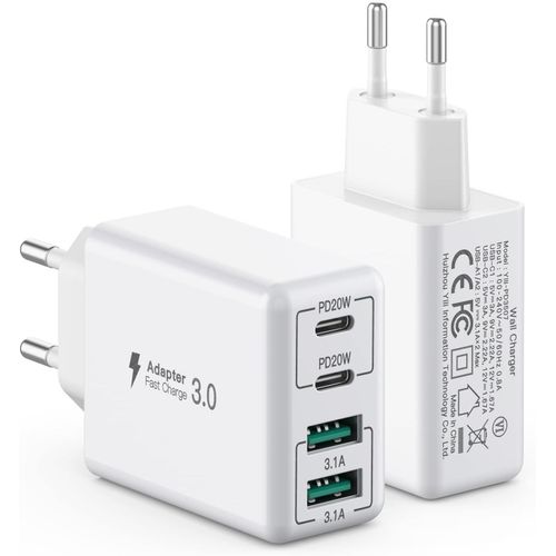 [2 Pièces] Chargeur Usb C 40w,Bloc Chargeur 4 Ports,Bloc De Charge Rapide Double Port Pd+Qc Connecteur Mural Multiports De Type C,Compatible Avec Iphone 15/14/13/12/11/Pro Max/Xs/Xr/8/Samsung/Tablets