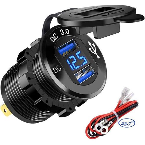 Chargeur De Voiture Rapide Usb Deux Qc3.0 Usb Les Ports,12v/24v 36w Étanche Avec Voltmètre Numérique Led Pour Moto,Caravane,Camion,Bateau Et Plus