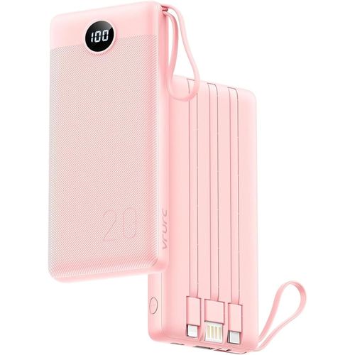 Batterie Externe 20000mah Power Bank Usb C 20w Avec Câbles Et Led Display Batterie Portable 4 Sorties Compatible Avec Iphone,Huawei,Samsung Téléphone Tablet (Rose)