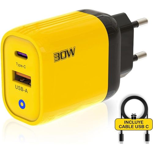 Chargeur 30w Avec 2 Ports Chargeur Rapide Type C & Usb-A Câble De Charge Inclus Alimentation Compact Pour Iphone,Samsung,Xiaomi (Jaune)
