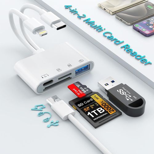 Lecteur de carte SD 4 en 2 pour iPhone,adaptateur Lightning USB C lecteur de carte mémoire,adaptateur de lecteur de carte d'appareil photo avec SD + TF + USB 3.0 + port de charge USB C,lecteur