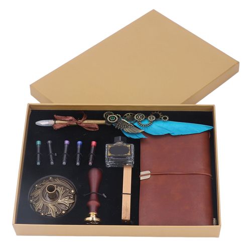 Ensemble de stylos a plumes retro exquis, peinture au feu, cire, bouteille d'encre vide, sac d'encre, base de livre, tampon, kit de stylos a plume bleu