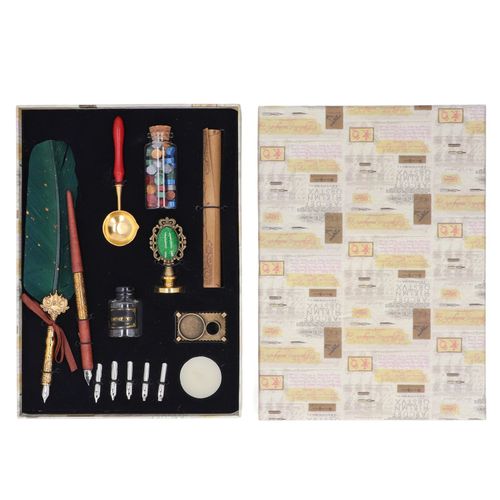 Ensemble de stylos a plume de style retro elegant, style europeen, stylo a plume de calligraphie avec plumes de rechange, bouteille d'encre vide, ensemble de stylos a plume a pois vert fonce