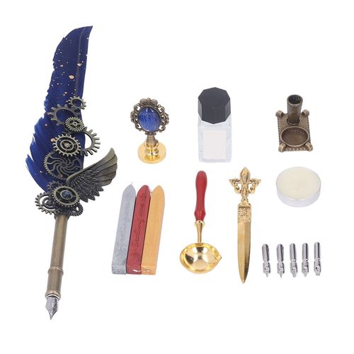 Ensemble de stylos a plume retro exquis, pointe de stylo a plume en cire de feu, ouvre-lettre, base de bougie, tampon, kit de stylo a plume bleu marine