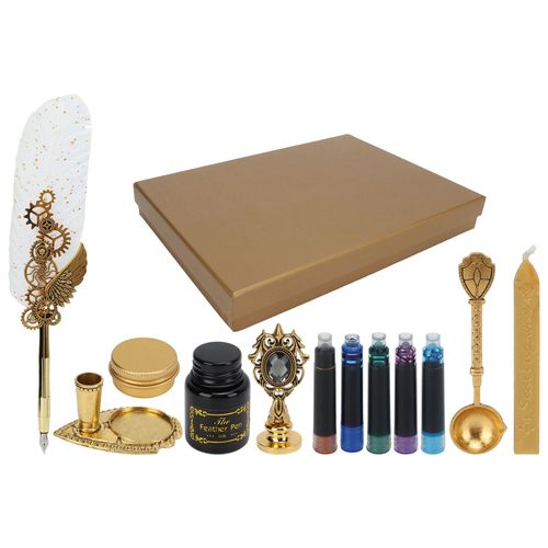 Stylo Plume Business Fire Laque Stamp Style Retro Europeen Plume Doree Saupoudree Ensemble De Stylos A Plume En Acier Inoxydable Avec Sac D'encre Blanc