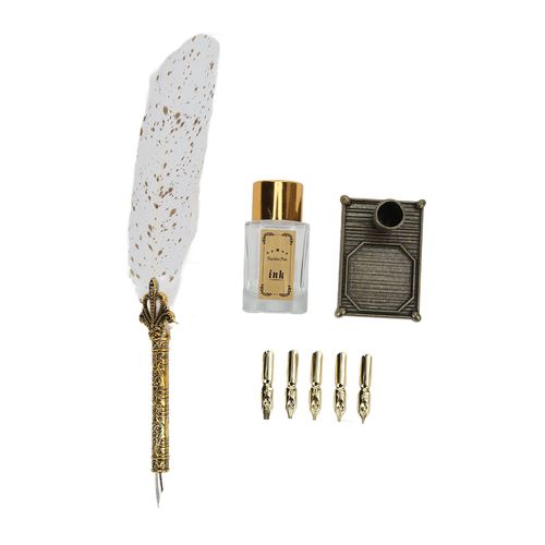 Stylo Plume A Texture Douce En Alliage De Zinc, Plume Gravee, Style Vintage, Pour Bricolage, Calligraphie, Ensemble De Stylos A Tremper Pour L'ecriture Artistique, Blanc