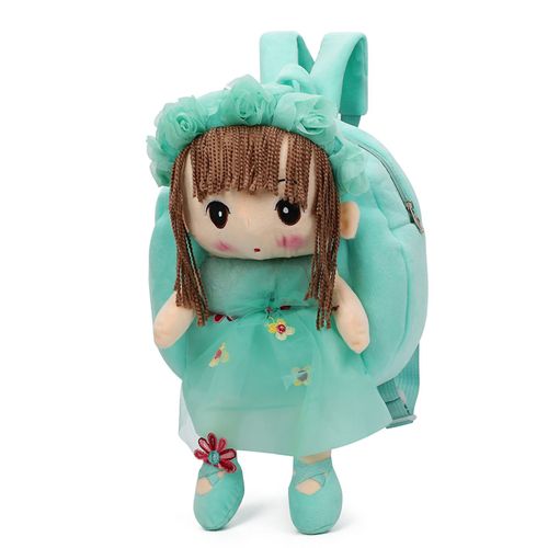 Sac a dos en peluche durable avec poignee ergonomique et bandouliere pour fille, ideal pour l'ecole, style poupee, vert