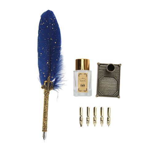 Stylo Plume A Texture Douce En Alliage De Zinc, Plume Gravee, Style Vintage, Bricolage, Calligraphie, Ensemble De Stylos A Tremper Pour L'ecriture Artistique, Bleu