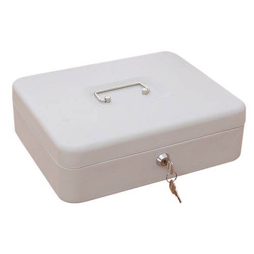 Petite Caisse A Monnaie Avec Serrure, Compartiments Multiples, Ouverture Pliable, En Acier Inoxydable, Portable, Avec Poignee, Blanc Givre, Surdimensionnee, Avec Cle