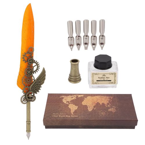 Ensemble Stylo Plume Et Encre, Ecriture Fluide, Style Vintage, Plume Sculptee, Plume Naturelle, Resistant A L'usure, Ensemble Stylo Plume Et Encre, Plume Orange