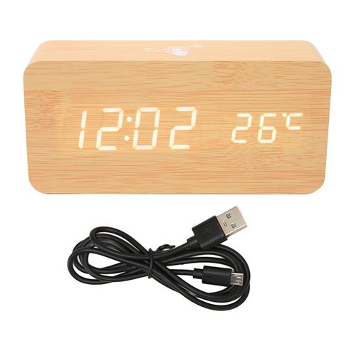 Horloge numerique en bois, affichage LED, controle tactile du son, connexion BT, horloge de bureau numerique pour chambre, bureau, cafe