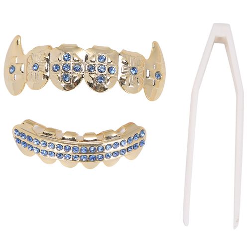 Ensemble De Dentier En Or, Bijoux De Decoration Dentaire En Metal Pour Fete D'halloween, Spectacle Hip-Hop, Bleu 