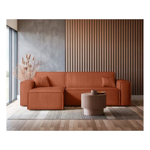 Canapé D'angle Convertible 3 Places En Velours Cotelé Terracotta