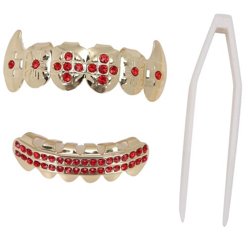 Ensemble De Dentier En Or, Bijoux De Decoration Dentaire En Metal Pour Fete D'halloween, Spectacle Hip-Hop, Rouge 