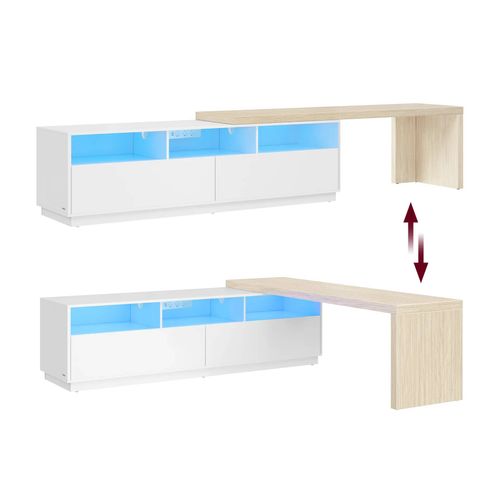 Meuble Tv, Longueur Réglable 162-270 Cm, Support Télé Modulable En L, 2 Tiroirs, 3 Casiers Ouverts, Multiprise, Blanc Nuage Et Beige Naturel