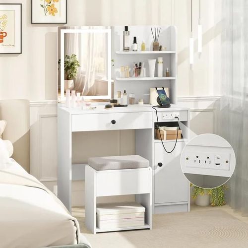 Ensemble Coiffeuse Et Tabouret Avec Miroir Costway, Lumières À 3 Modes D'éclairage, Station De Charge, Tiroir, Étagère Réglable