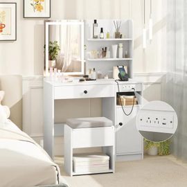 Ensemble Coiffeuse Et Tabouret Avec Miroir Costway, Lumières À 3 Modes D'éclairage, Station De Charge, Tiroir, Étagère Réglable