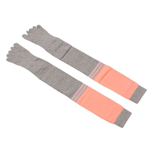 Chaussettes Longues De Yoga A 5 Doigts, Antiderapantes, En Coton, Absorbant La Transpiration, Ajustees, Enveloppantes, Pour Femmes, Chaussettes Hautes A Rayures, Gris Clair