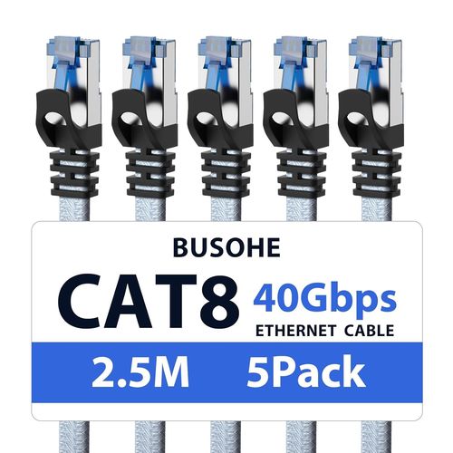Cat 8 Câble Ethernet 2,5M (5 Pièces), Câble Réseau Lan Gigabit Rj45 Plat Haut Débit, Tressé Cable Internet 40Gbps 2000Mhz Compatible Avec Pc, Routeurs, Modems[BLE7111426]