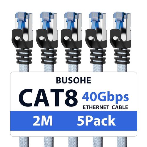 Cat 8 Câble Ethernet 2M (5 Pièces), Câble Réseau Lan Gigabit Rj45 Plat Haut Débit, Tressé Cable Internet 40Gbps 2000Mhz Compatible Avec Pc, Routeurs, Modems[BLE7111425]