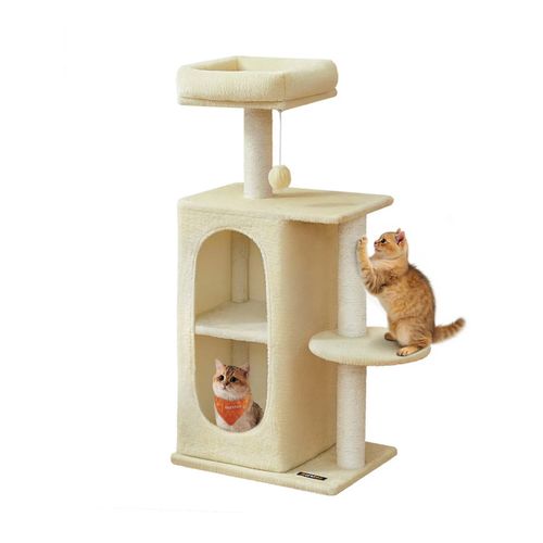 Arbre À Chat Avec 2 Grottes, Poteaux À Griffer, Pour Les Foyers Multi-Chats, Beige Sable